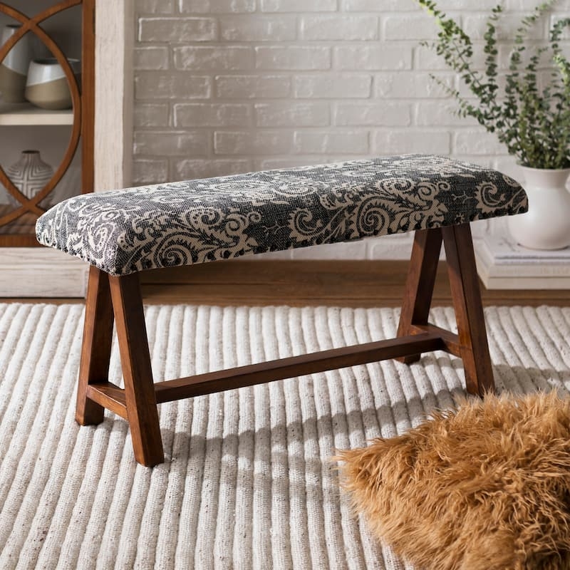 Paisley Pattern Bench with A-Frame Legs and Rustic Wood Base