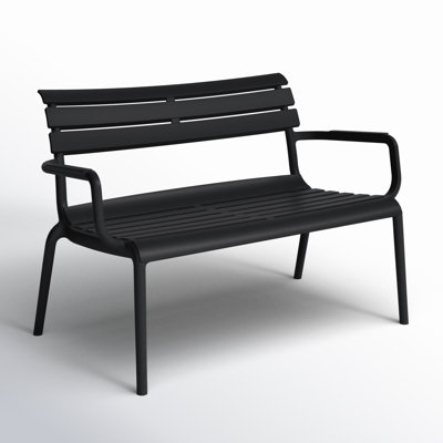 Parisian Bistro Outdoor Bench Black Woven Seat Curved Frame