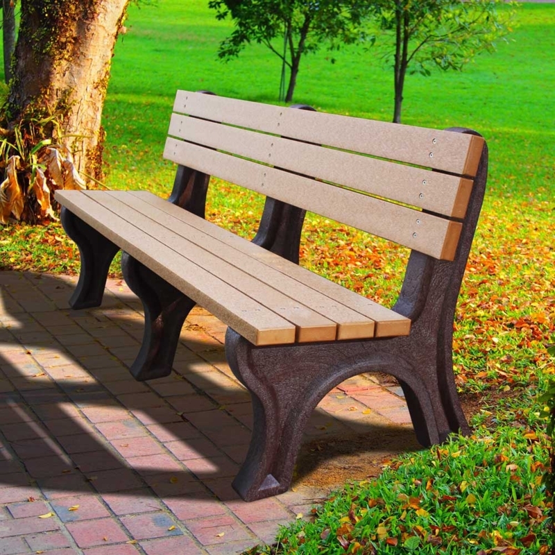 Park Bench featuring Curved Armrests, Cedar-Toned Recycled Plastic Slats