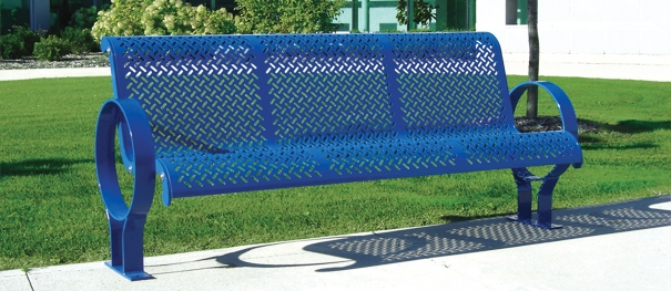 Park Bench featuring Perforated Steel Design and Circular Armrests
