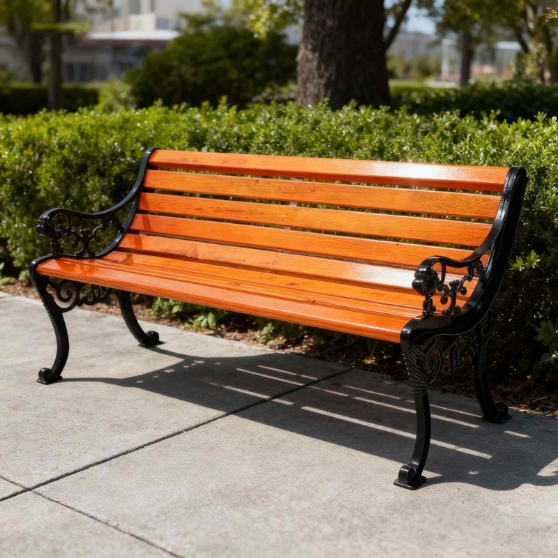 Park Bench Loop Legs Slat Seat Wood and Black Metal Modern Industrial