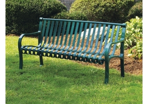 Park Bench Metal Vertical Slats Curved Armrests Commercial Outdoor