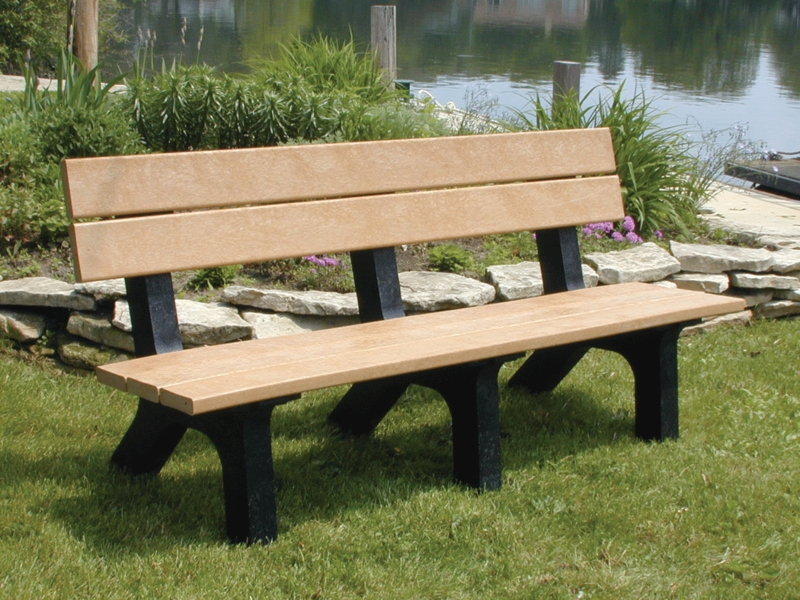 Park Bench with Heavy-Duty Frame, Wood-Toned Recycled Plastic Slats
