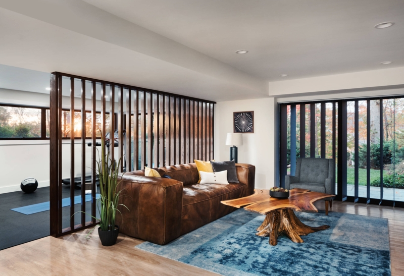 Partition Wall Dark Wood Vertical Beams, Open Plan Layout