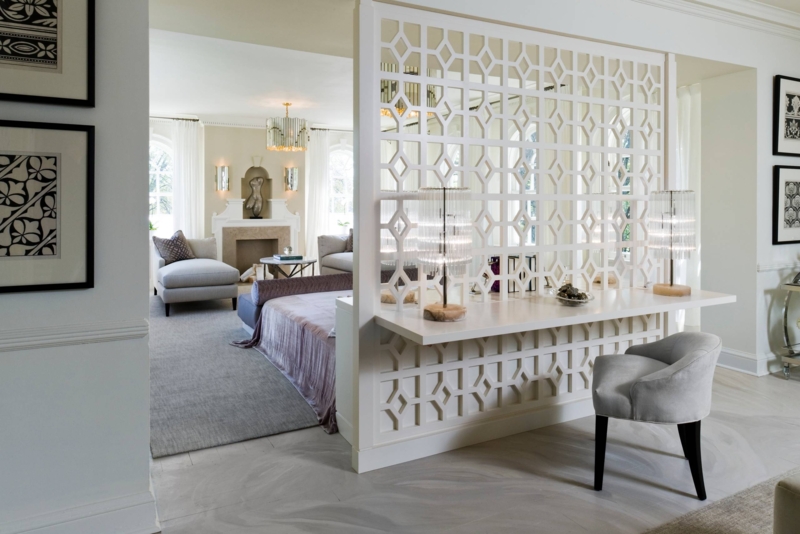 Partition Wall White Fretwork Divider, Integrated Cantilevered Desk