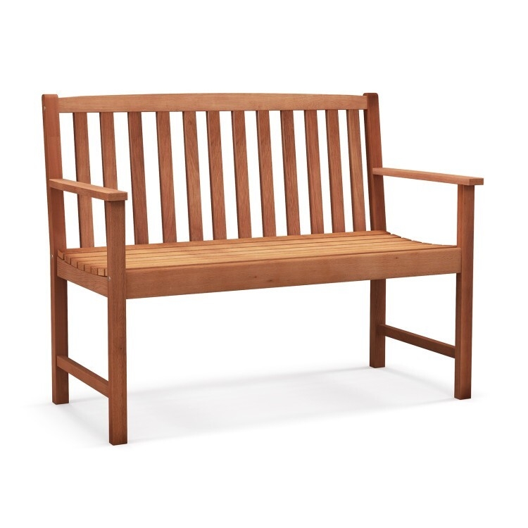Patio Bench Reddish-Brown Wood Slatted Back Curved Arms Traditional