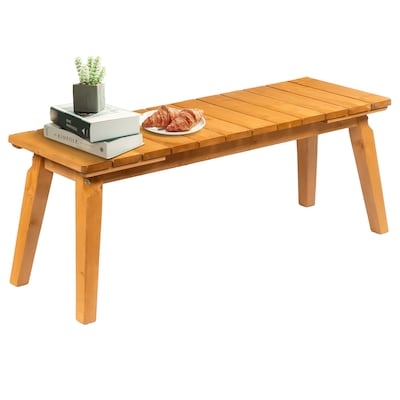 Patio Bench Slatted Back Warm Amber Finish Traditional Wood