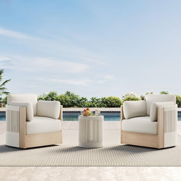Patio Conversation Set with Handwoven Rope and Cream Swivel Chairs