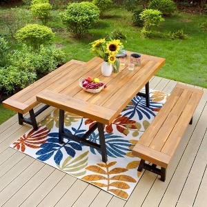 Patio Dining Set Industrial Slatted Wood Look Metal Base