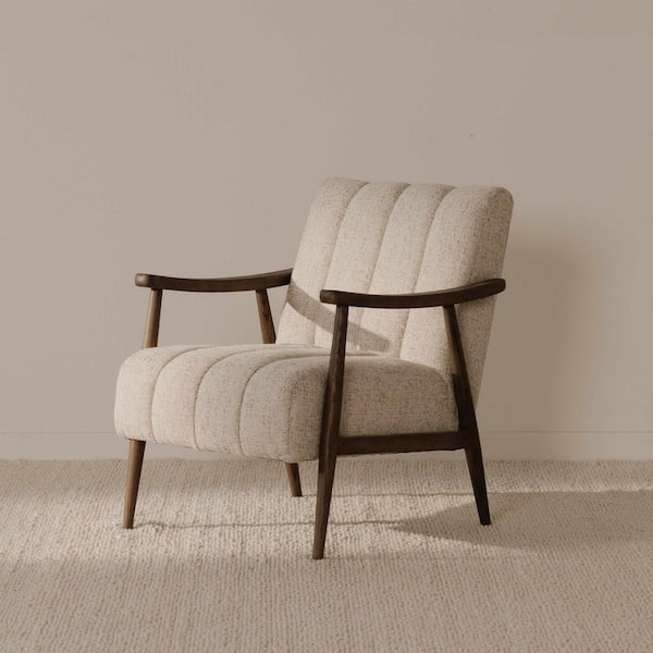 Pebbled Beige Accent Chair with Exposed Oak Wood Frame