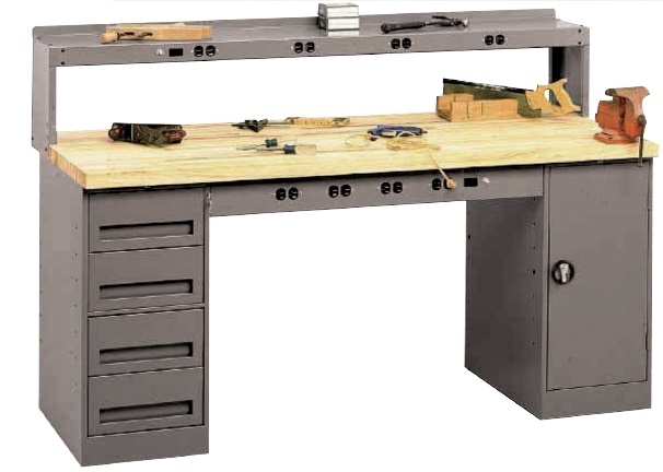 Pedestal Workbench with Storage Drawers, Integrated Power Outlets.
