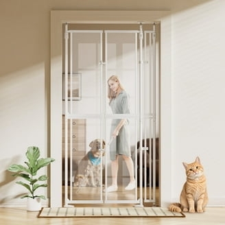 Pet Gate Extra Tall White Mesh Double Doors Pressure Mount