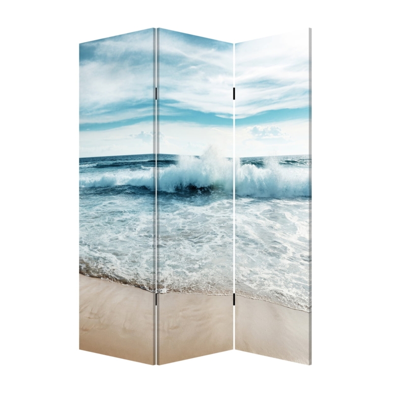 Photographic Ocean Wave Room Divider Three-Panel Folding Beach Screen