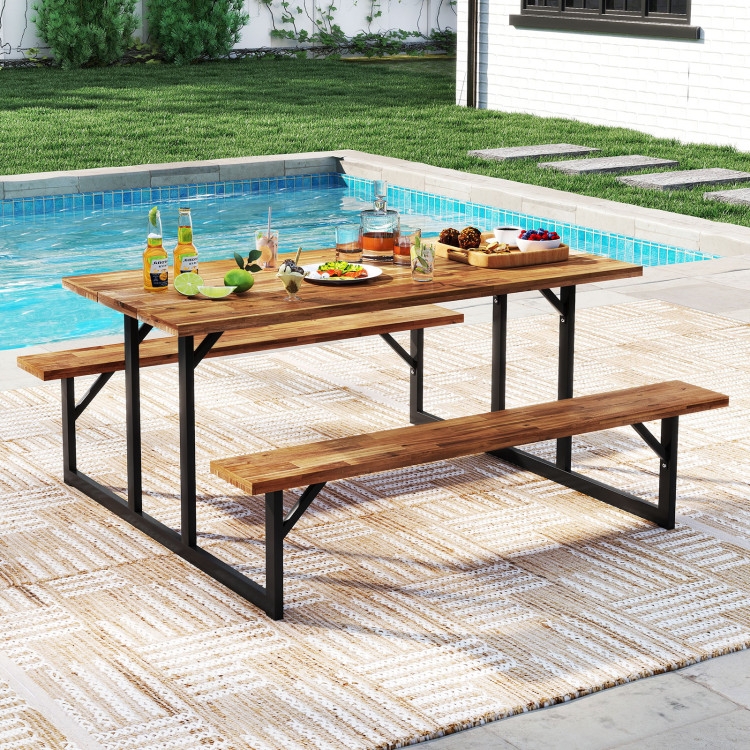 Picnic Table Integrated Benches Black Metal Frame Wood Toned Slats