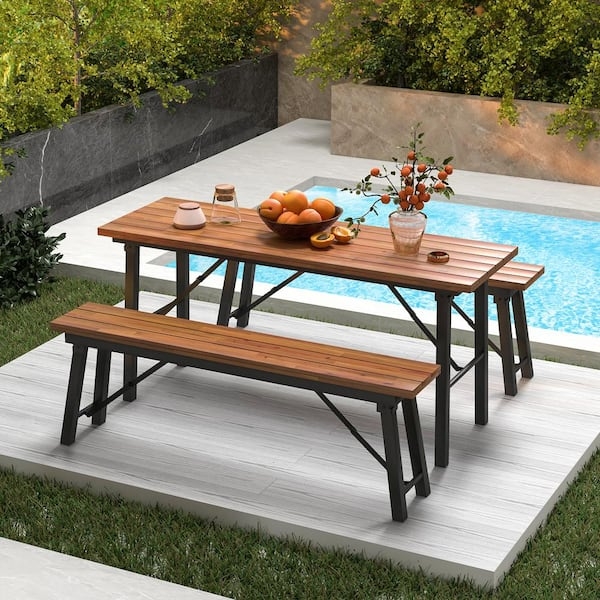 Picnic Table Set 3-Piece Slatted Wood Look Black Metal Frame