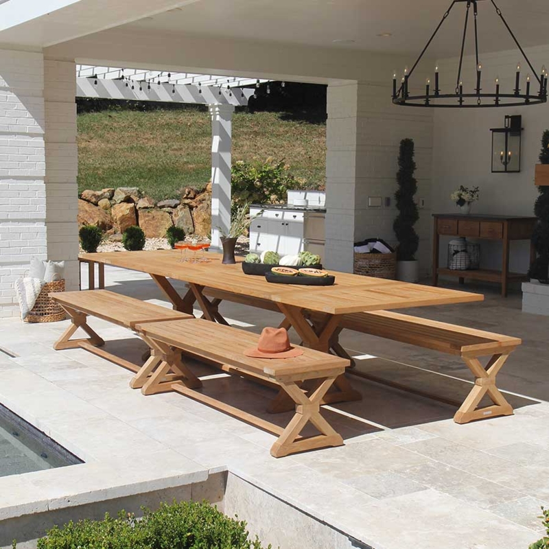 Picnic Table Set Extra Long Trestle Base Farmhouse Wood Toned