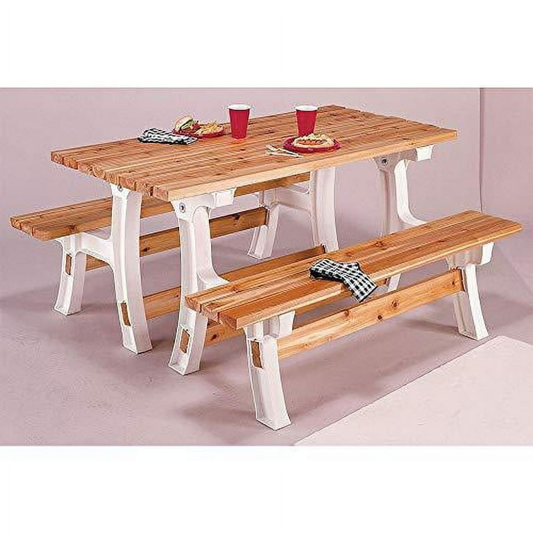 Picnic Table Set White and Wood Backyard Seating with Heavy Duty Legs