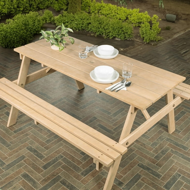 Picnic Table with Umbrella Hole, Light Teak Finish, Classic Style