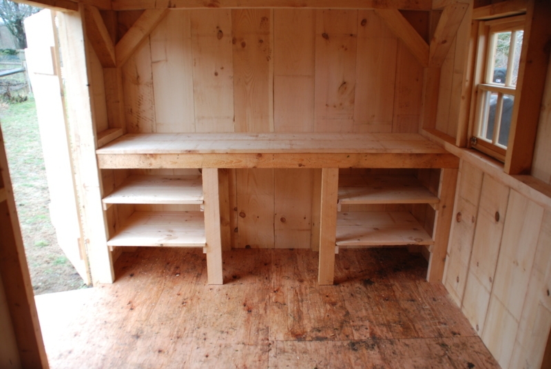 Pigeon Hole Shelves with Bench in Rustic Farmhouse Utility Shed