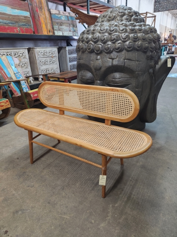 Pill Shaped Bench with Cane Inserts, Natural Wood, Mid Century Modern Boho