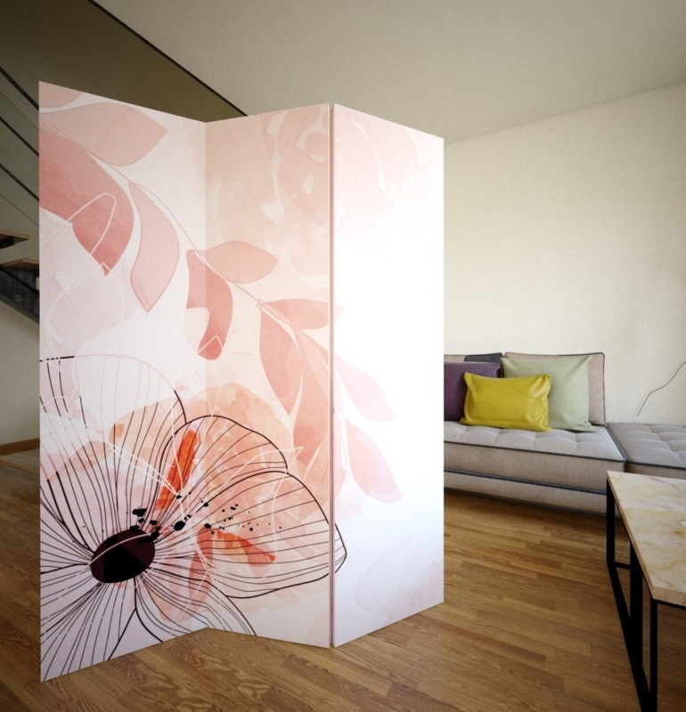 Pink Floral Room Divider Botanical Print Three Panel Folding Screen