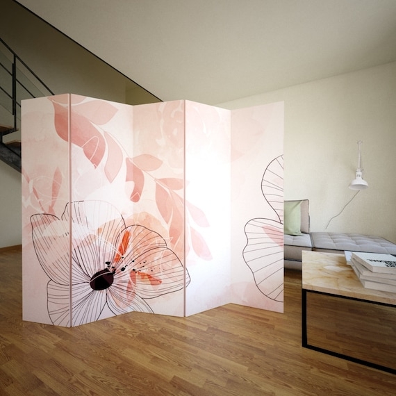 Pink Watercolor Floral Room Divider, Minimalist Folding Screen