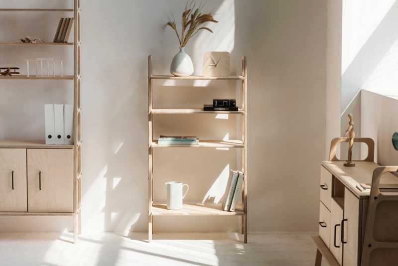 Plywood Bookcase Exposed Layered Edges Integrated Drawer Storage