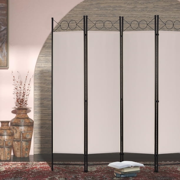Portable 4 Panel Room Divider Black Metal Frame Circular Top Motif