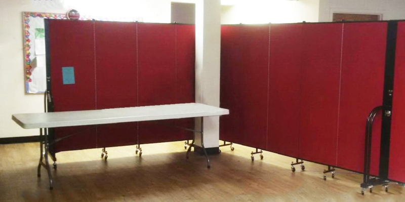 Portable Red Fabric Folding Room Divider on Wheels, Multi-Panel Screen