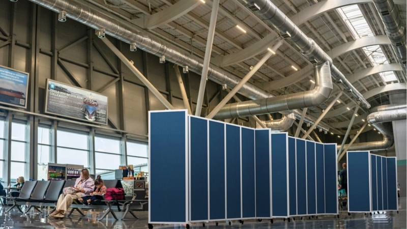 Portable Room Divider on Wheels Navy Blue Panels Industrial Style
