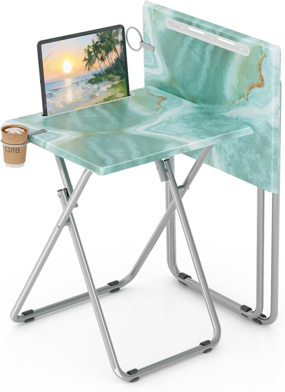 Portable Tv Tray Table Set Wood Toned with Built-In Device Slot