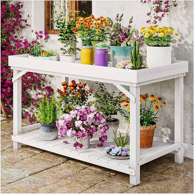Potting Bench Two-Tier Whitewashed Finish Tray Top Garden