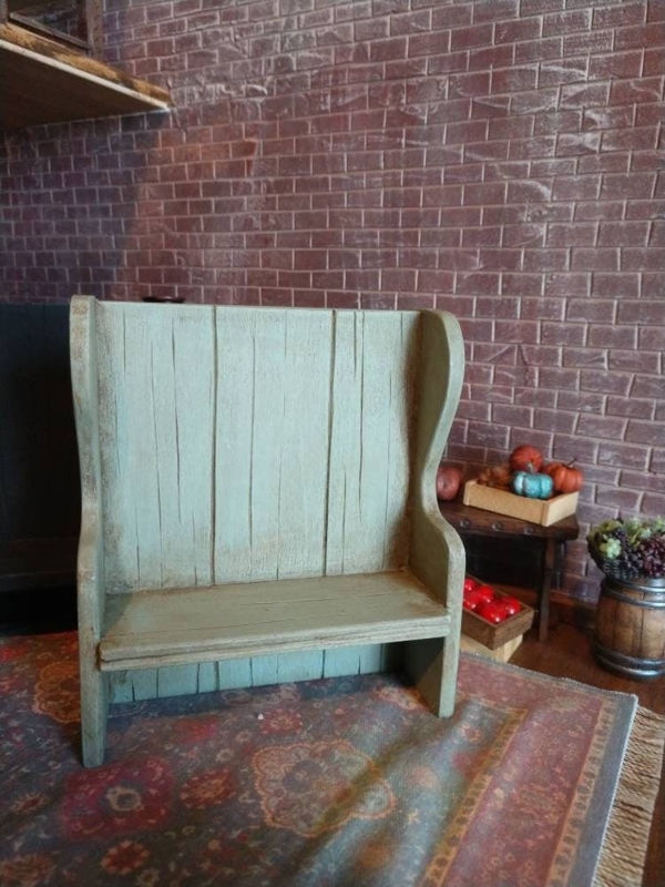 Primitive High Back Settle, Distressed Sage Finish, Vertical Planked Back