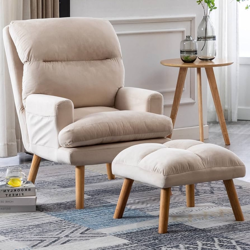 Quilted Accent Chair with Ottoman, Side Pockets for Cozy Reading Corner