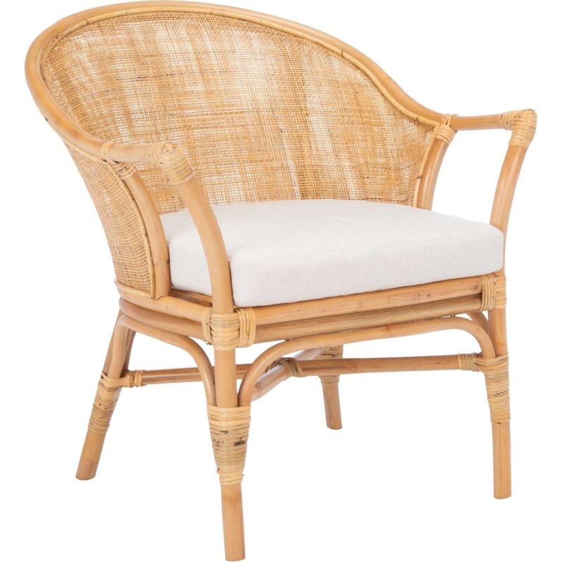 Rattan Accent Chair Diamond Weave Curved Back Thick White Cushion