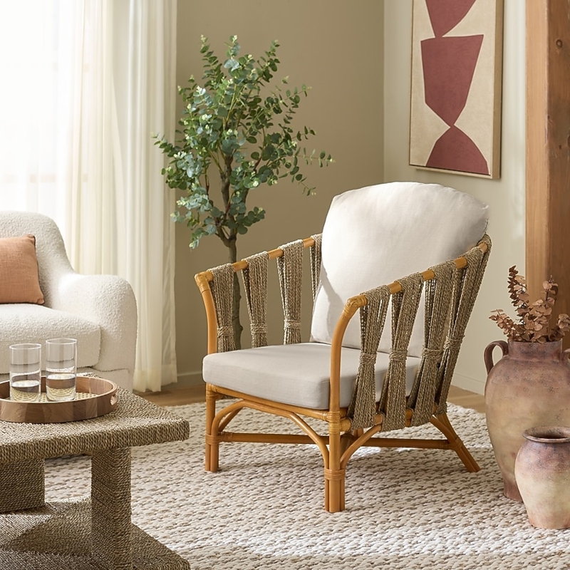 Rattan Accent Chair with White Joint Wraps and Woven Seat