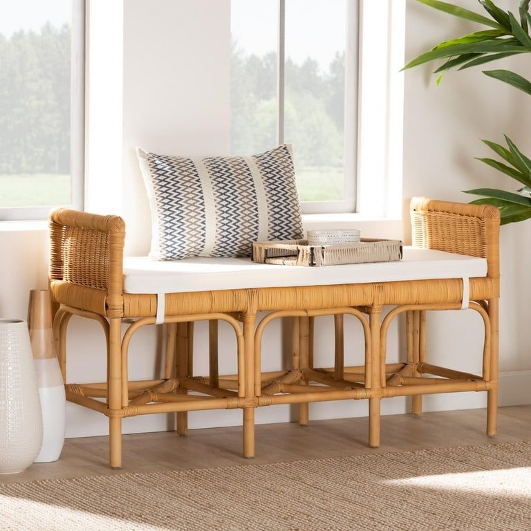Rattan Bench featuring Arched Base, Woven Side Panels and Cushion
