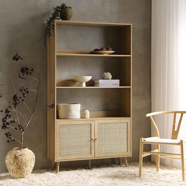 Rattan Bookcase with Woven Cane Doors and Open Shelving