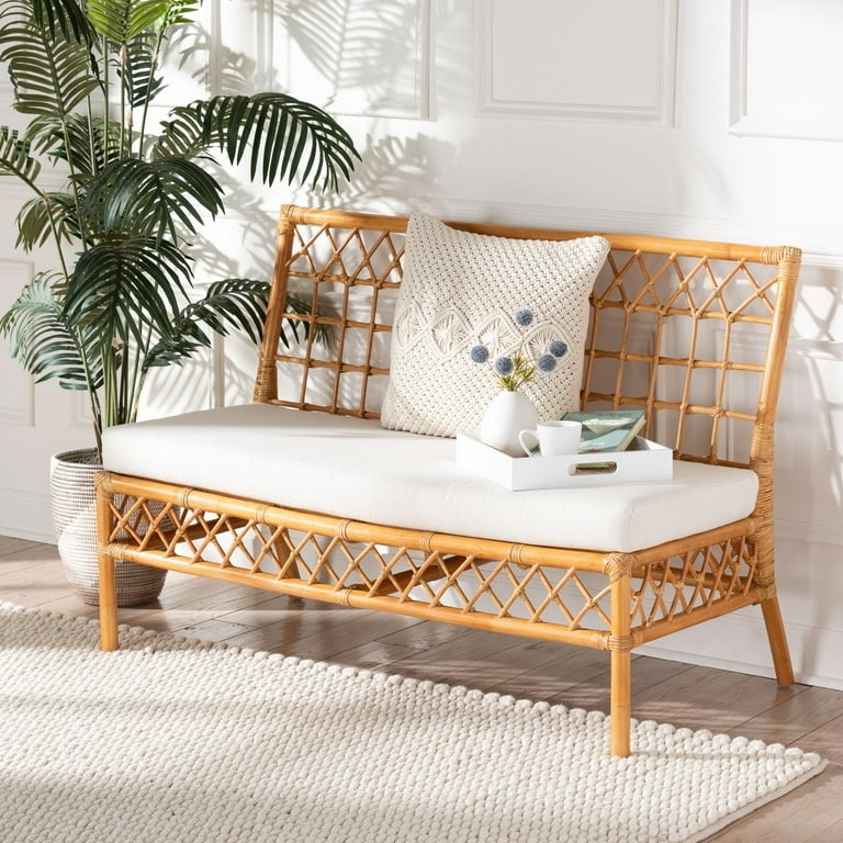 Rattan Dining Bench with Lattice Backrest, Cushioned Seat, Honey Finish