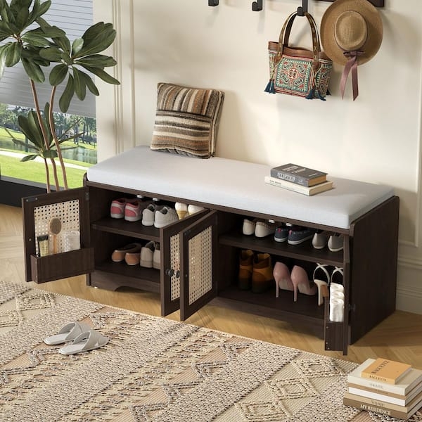 Rattan Door Espresso Storage Bench with Internal Racks