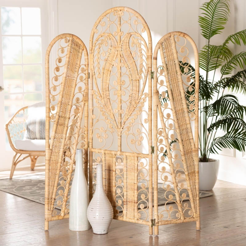 Rattan Room Divider Arched Top Folding Screen Scrollwork Natural Brown