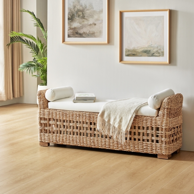 Rattan Storage Bench with Hollow Carved Design and Bolster Pillows