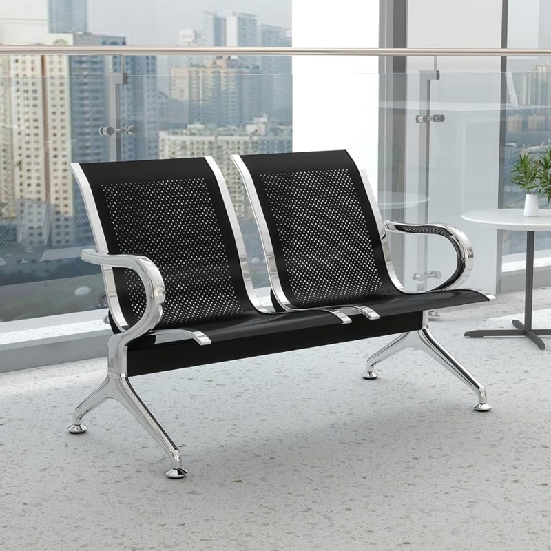 Reception Bench Two-Seat Black Perforated Metal Chrome Frame