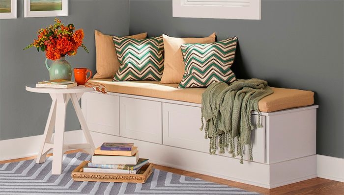Recessed Panel Storage Bench with Chevron Accents and Cushion