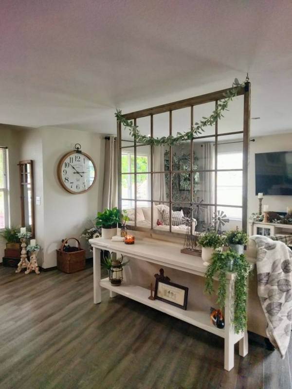 Repurposed Window Frame Ceiling Hung Divider, Cottage Console Decor