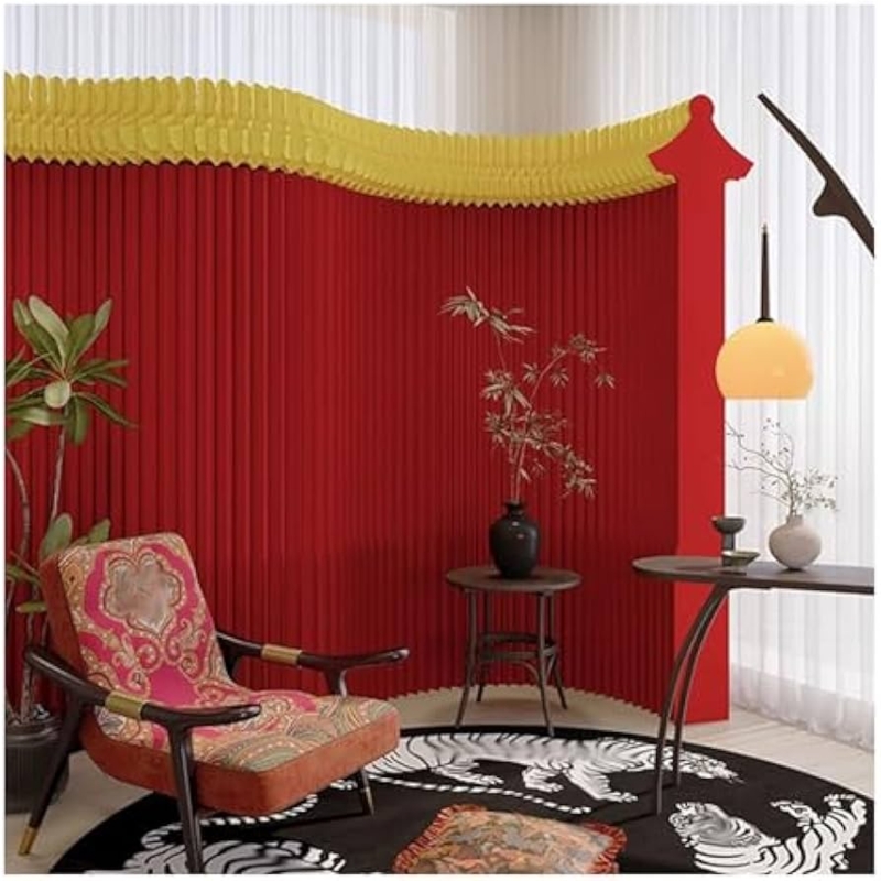 Retractable Honeycomb Room Divider, Red & Yellow Pleated Wavy Screen