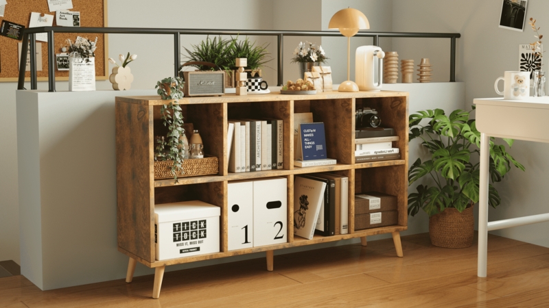 Retro Rustic Brown 8-Cube Bookcase with Splayed Legs