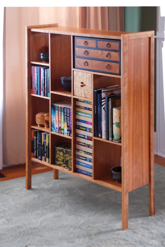 Retro Wood Bookcase with Splayed Legs and Integrated Drawers