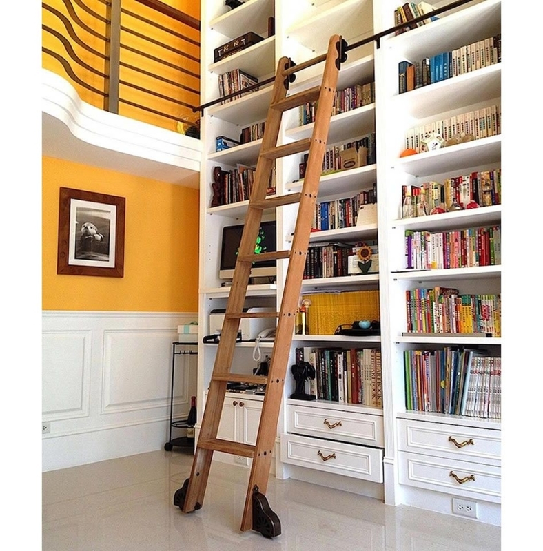 Rolling Library Ladder Kit with Antique Brass Hardware Wood Rungs