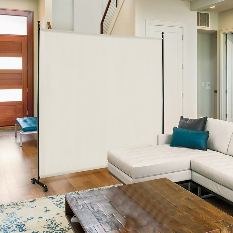 Rolling Room Divider White Fabric Single Panel Modern Privacy Screen